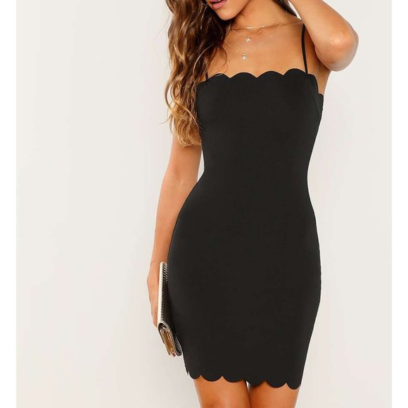 Black Scallop Trim Bodycon Cami Short Dress - Picture 6 of 7